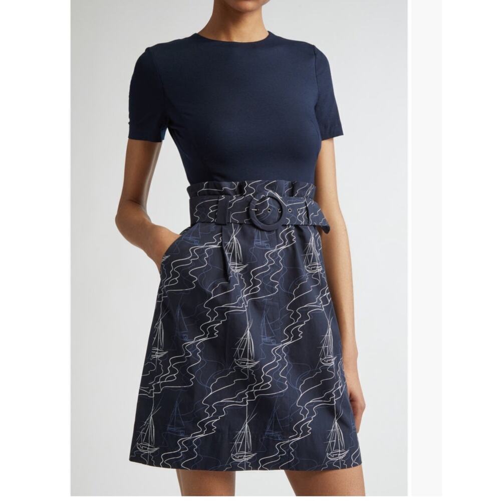 Akris Punto navy mixed media belted mini dress size medium damage